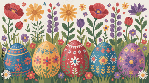 Colorful easter eggs with floral patterns in a vibrant garden with flowers and greenery symbolizing spring and renewal
