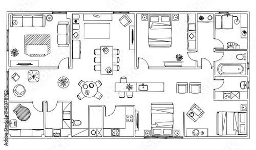 A detailed black and white floor plan illustration of a large house