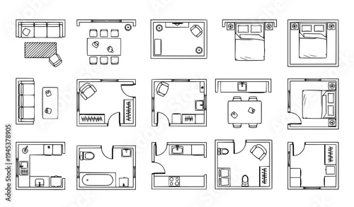 A collection of various floor plans and architectural designs in a simple line art style