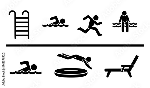 A set of vector icons depicting various swimming pool activities and equipment
