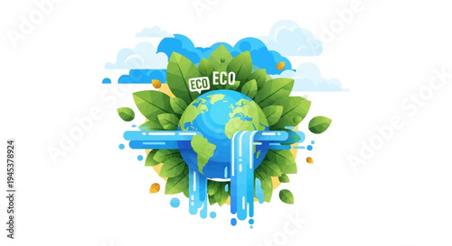 An illustration of a globe with water drops and eco-friendly design elements for World Water Day USA in a natural concept