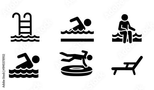 A set of six black and white vector icons depicting swimming and pool activities