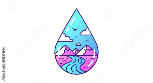 Illustration of a water drop with a scenic landscape inside, featuring mountains, river, and sky with clouds, symbolizing World Water Day USA concept in a colorful design