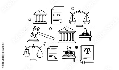 A vector graphic illustration of law and justice symbols and icons
