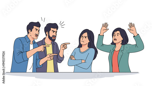 Group Argument Illustration with Angry People Pointing Fingers, Conflict Discussion Concept