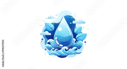 Illustration of a water drop on earth with waves and leaves on World Water Day, a USA eco concept design with a blue color palette