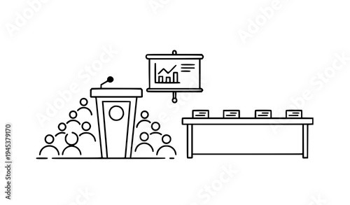 A minimalist vector graphic of a business presentation in a conference room