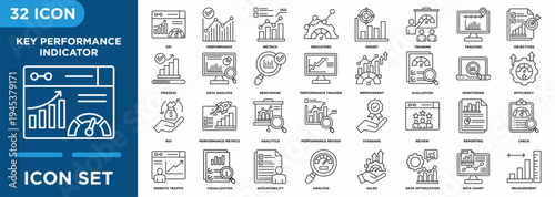 Key performance indicator line icon set featuring KPI metrics, performance monitoring, benchmarking, analytics, progress tracking, business evaluation, reporting, and strategic management