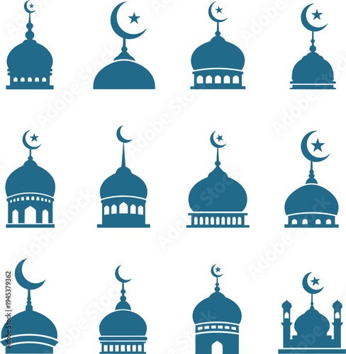 Collection of mosque silhouettes with crescent moons