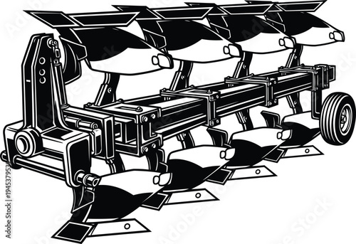Detailed Black and White Agricultural Plow with Multiple Blades and Wheel.