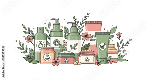 Assorted Skincare and Beauty Products with Natural Botanical Elements. Vector Illustrations. EPS Editable