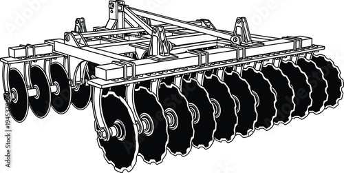 Detailed Black and White Agricultural Disc Harrow Illustration Farm Equipment.