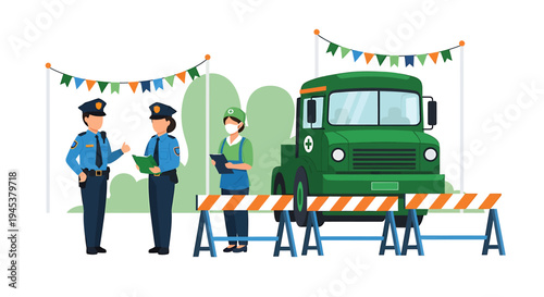 Construction Workers and Traffic Control at Roadwork Site. Vector Illustrations. EPS Editable