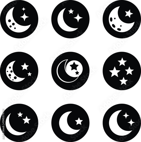 Collection of crescent moon and star icons in various phases
