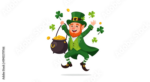 Festive Leprechaun Celebrating St Patricks Day with Pot of Gold and Shamrocks. Vector Illustrations. EPS Editable