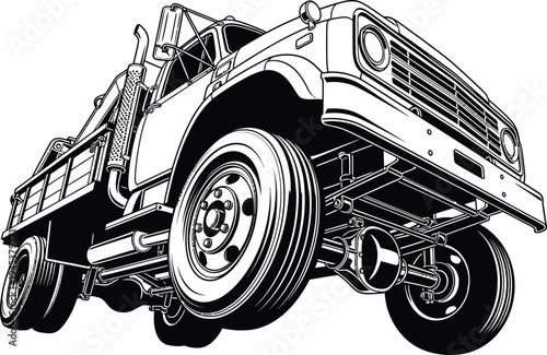 Detailed Black and White Illustration of a Classic HeavyDuty Truck.