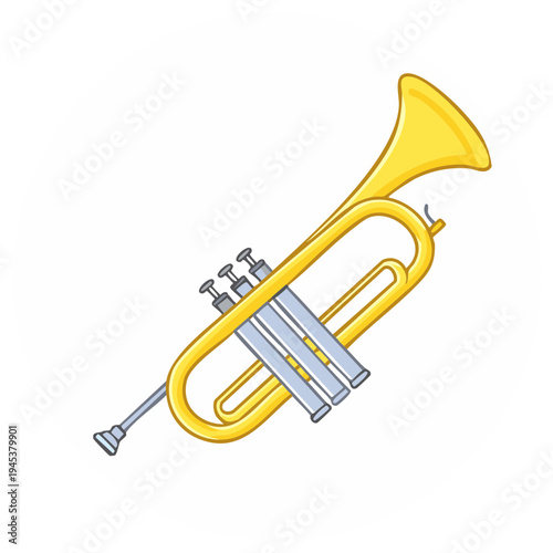 Cartoon-style brass instrument, yellow trumpet, isolated on white background