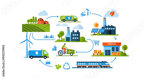 Illustration of Sustainable Transportation and Renewable Energy Systems. Vector Illustrations. EPS Editable