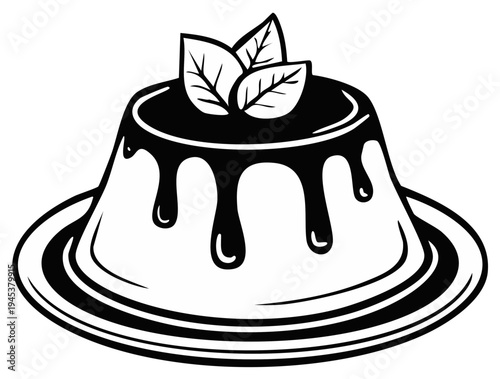 Dessert illustration with chocolate sauce and mint leaves on a plate