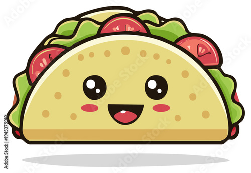 Kawaii cartoon taco character with a happy face and big eyes smiling