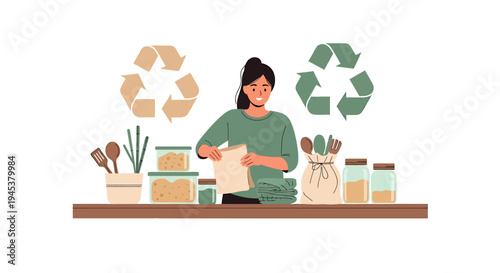 Woman Recycling Waste Plastic Bottles at Home EcoFriendly Lifestyle Concept. Vector Illustrations. EPS Editable