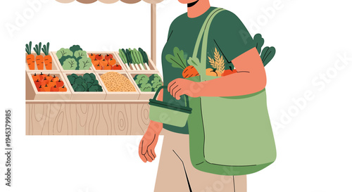 Woman Shopping for Fresh Vegetables at Market Stand. Vector Illustrations. EPS Editable