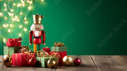 Colorful Nutcracker and Christmas Gifts with Lights in Festive Scene