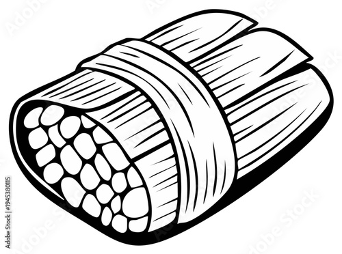Stylized black and white illustration of a tamale, a traditional corn masa dough food, wrapped in corn husks tied with a ribbon.