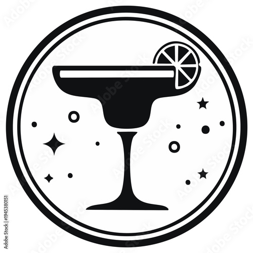 Elegant Margarita Cocktail Icon in Circle with Stars and Bubbles Design