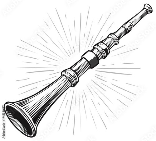 Vintage Musical Instrument Woodwind Device With Rays Background Line Art Illustration