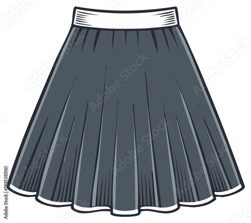 Flared dark gray pleated skirt with white waistband and hem illustration