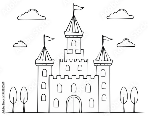 Whimsical castle illustration with flags and clouds surrounded by trees