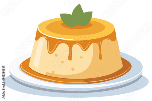 Delicious caramel custard dessert topped with fresh mint leaves on a white plate