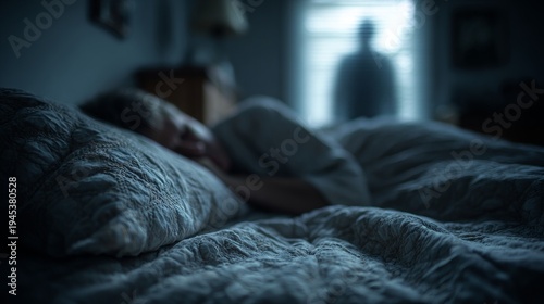 Sleep paralysis nightmare with dark silhouette standing near bedroom window