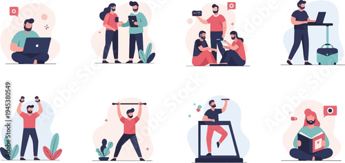 Flat illustration set depicting diverse individuals engaged in work, exercise, and leisure activities