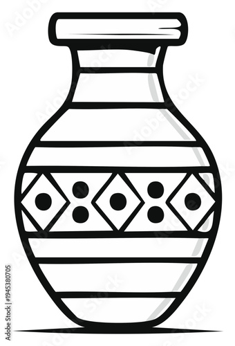 Hand drawn ancient ceramic pot with geometric patterns and decorative stripes