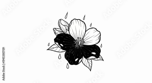Monochrome floral drawing with water drops