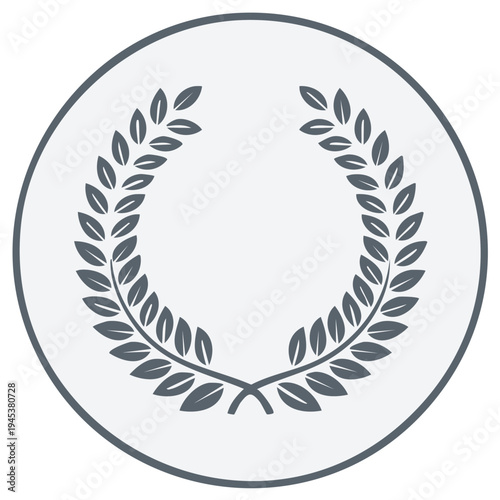 Elegant laurel wreath encircles a symbol of honor and triumph with a simple grey color palette in a circular frame providing a classic design