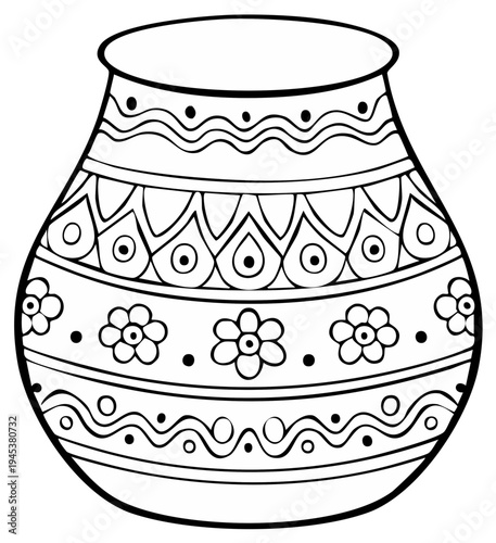 Decorated pottery vase with floral and geometric patterns in black and white.
