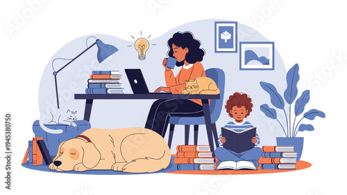 Freelance mother working on laptop at home while her young son reads a book nearby accompanied by their pet cat and dog.