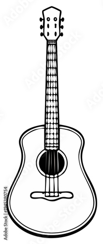 Simple outline drawing of an acoustic guitar with a round soundhole and six strings