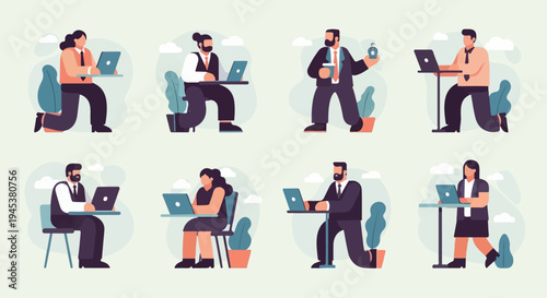 People working on laptops in a minimalist office environment with plants