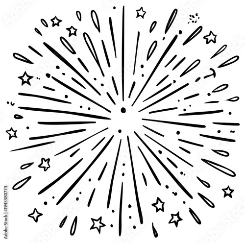 Exploding Starburst with Festive Dots and Stars Hand Drawn Style