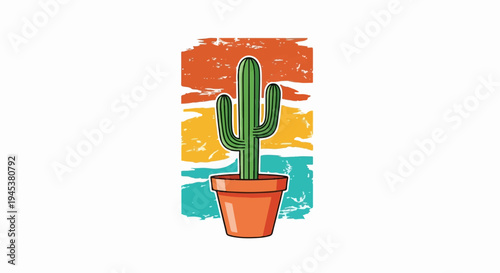 Potted cactus against a vibrant, distressed, horizontal striped background