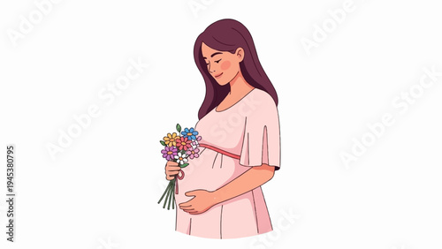 Pregnant woman in pink dress holds a bouquet of colorful flowers