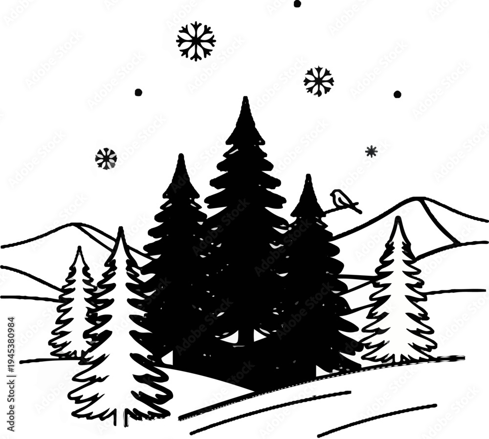 Obraz premium A stylized winter forest scene with silhouetted trees and falling snow