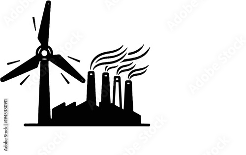 A wind turbine stands next to a factory with smokestacks emitting smoke
