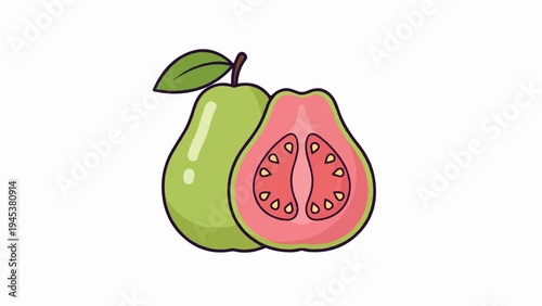 Simple illustration of a whole and halved pink guava with a leaf