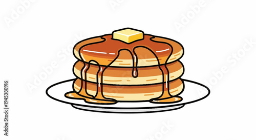Stack of golden pancakes with melted butter and syrup cascading down