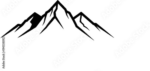 Stylized black and white graphic of rugged mountain peaks against a white background